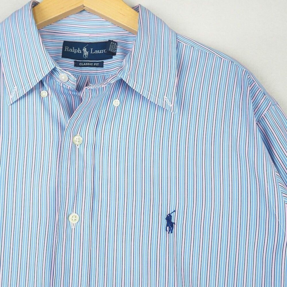 Polo Ralph Lauren Cotton Dress Shirt Men 16.5 34/35 Blue Pink Stripe Classic Fit